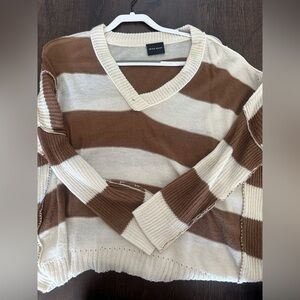 Brown and Cream Striped V-Neck Sweater